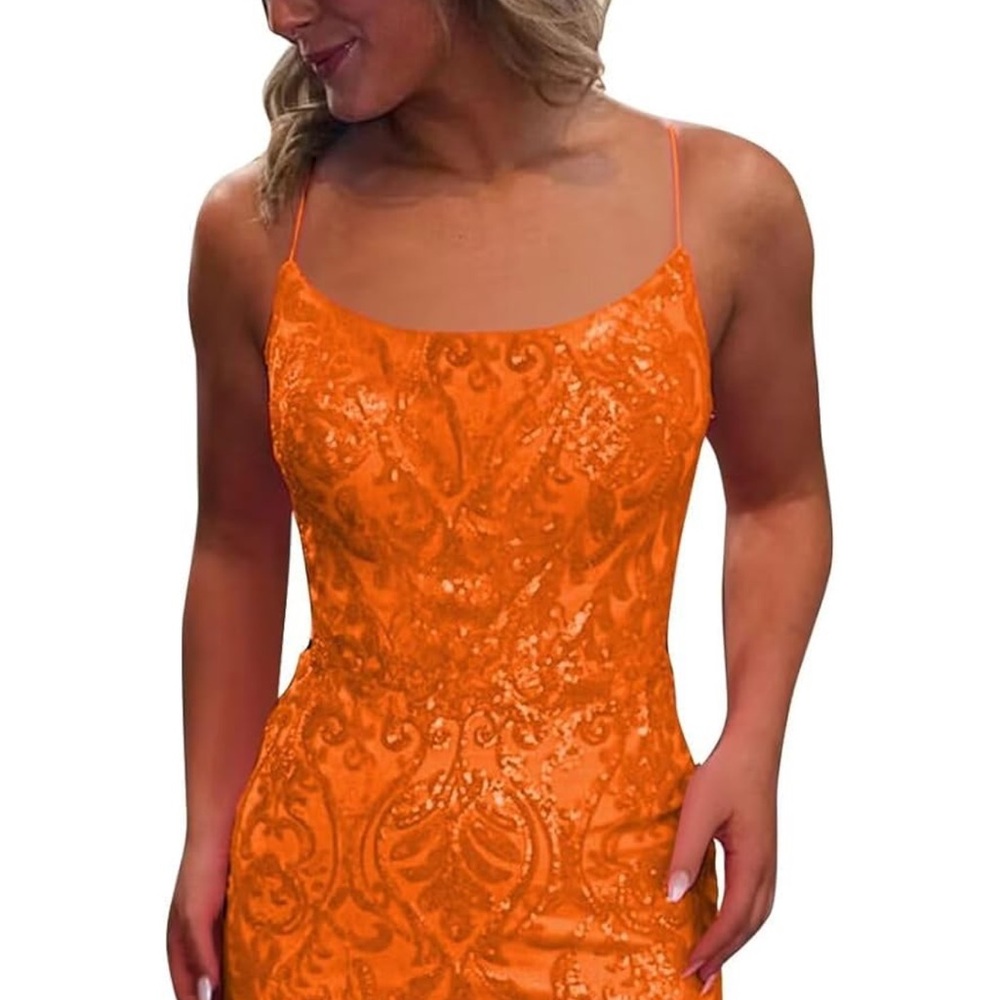 Orange Sequin Spaghetti Strap Dress